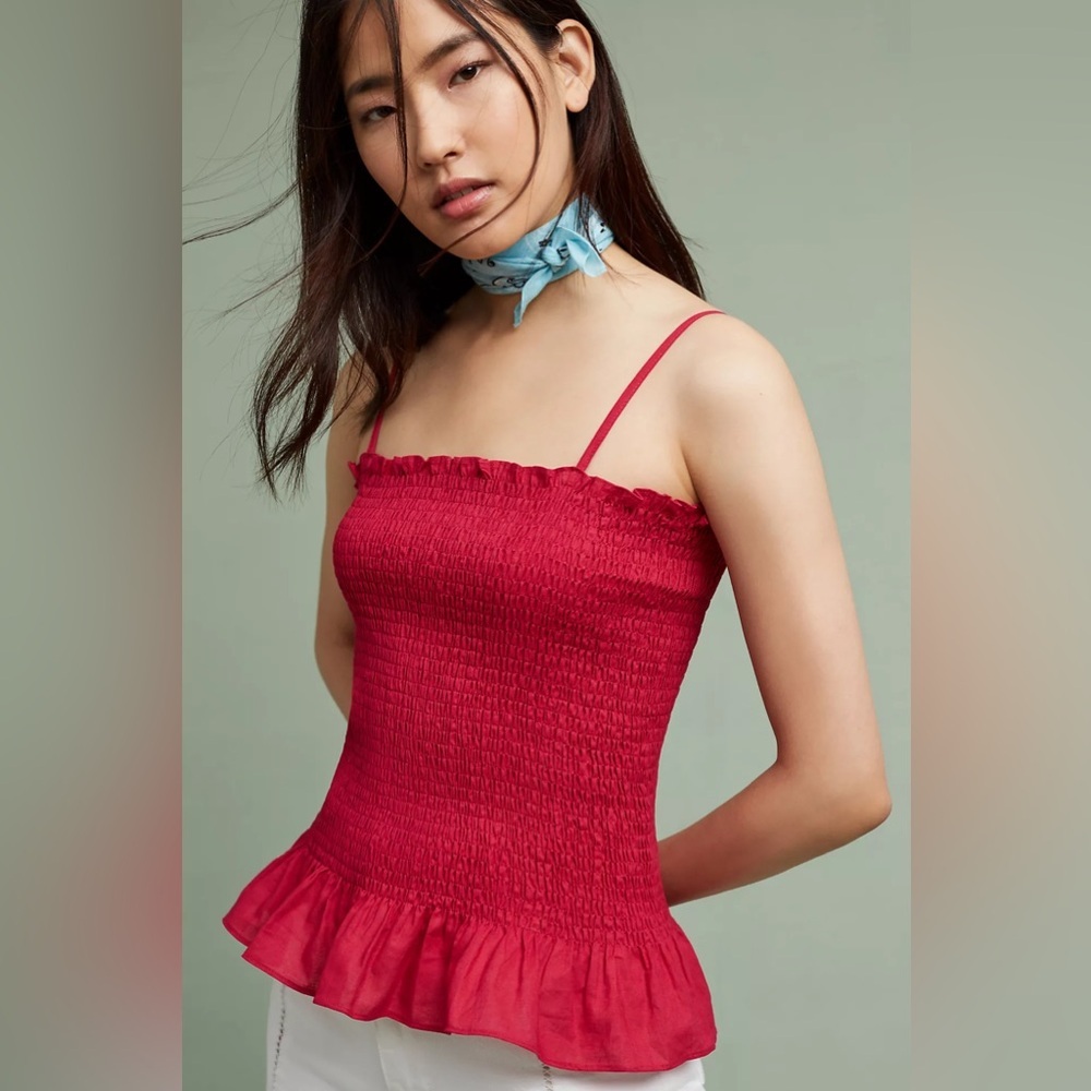 NEW Anthropologie Maeve Ruched Smocked Peplum Cami -Medium red/pink